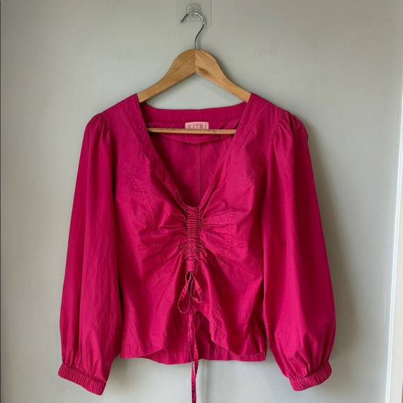KITRI Ruched Cotton Blouse Top Fuchsia Pink - Picture 1 of 8